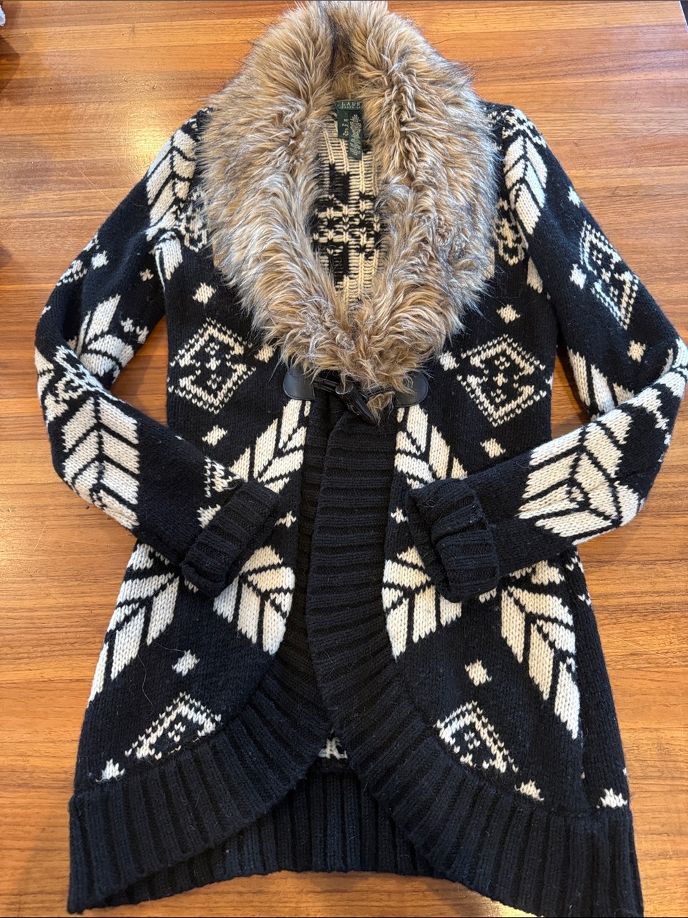 Lauren Ralph Lauren Wool Cardigan Faux Fur Collar, sz XS